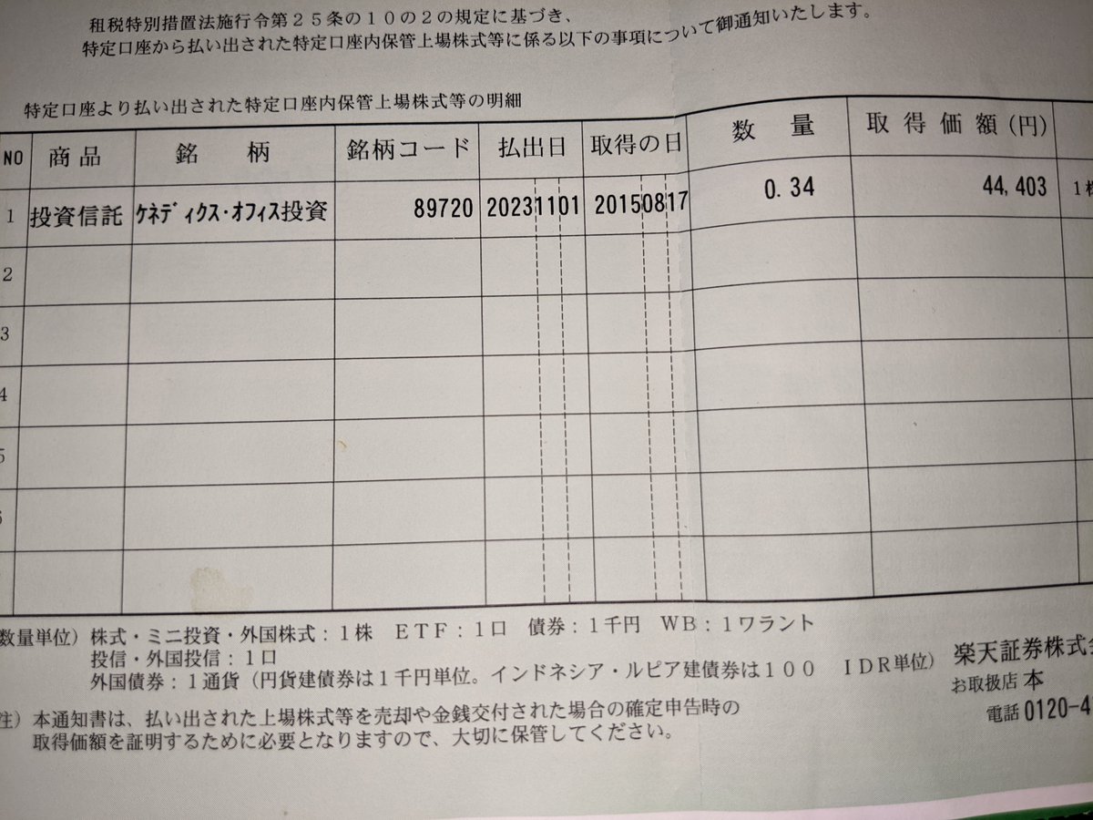 特定口座払出通知書ありました。楽天証券様、疑ってすみませんでした。ちなみに本件とは関係ありませんが、株式出庫に関しては楽天証券 は秀逸です（GUIのみで終了）。他の証券会社は是非楽天証券のフォームで標準化して欲しい。