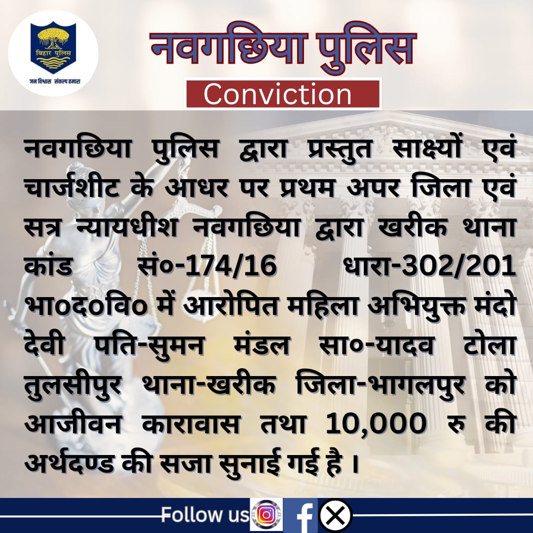 नवगछिया पुलिस द्वारा प्रस्तुत साक्ष्यों एवं चार्जशीट के आधर पर प्रथम अपर जिला एवं सत्र न्यायधीश नवगछिया द्वारा खरीक थाना कांड सं०-174/16 धारा-302/201 भाoदoविo में आरोपित को आजीवन कारावास तथा 10,000 रु की अर्थदण्ड की सजा सुनाई गई है।
@bihar_police
@IPRD_Bihar 
#naugachiapolice
