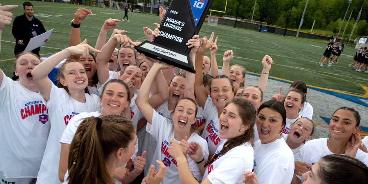 For the first time in program history, the Northeast 10 Women's Lacrosse Championship trophy will leave in Pleasantville as the No. 1 Pace University women's lacrosse team made history Saturday, defeating No. 4 Adelphi University, 16-14. #NE10Champions brnw.ch/21wJJqF