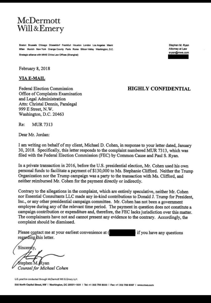 Since today the Prosecution Star witness is Michael Cohen whose obsession is to get Trump, it’s a good time to reintroduce Cohen's lawyer's letter admitting that Michael Cohen's personal funds usage did NOT receive reimbursement from Trump Organization or campaign and that Trump
