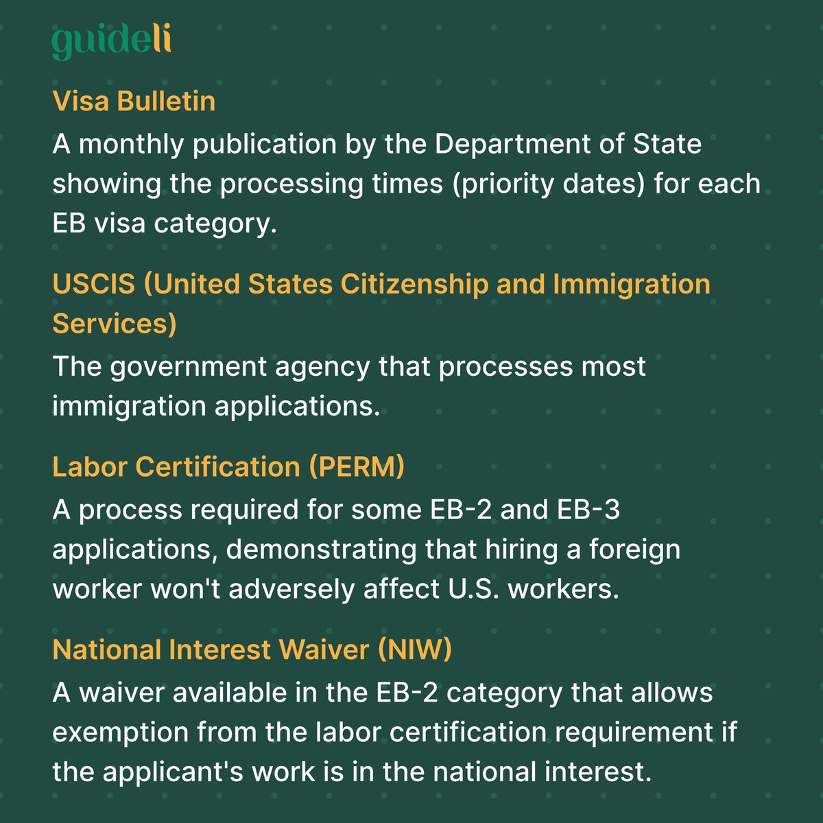 myguideli's tweet photo. Remember, this glossary is for informational purposes only. For specific guidance on your EB visa journey, send us a DM or visit https://t.co/CnbxyDZJu2 to begin. https://t.co/Ob3amncIwm