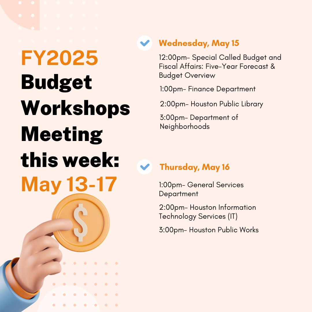 For more information & to sign up to speak, visit: houstontx.gov/council/commit…. If you'd like to watch the meetings, @HTVHouston streams the meetings on their website & on Facebook. To contact the Chair of Budget, Council Member @salliealcorn, email atlarge5@houstontx.gov.