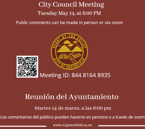 Greenfield_CA's tweet photo. Greenfield City Council Meeting
Agenda: https://t.co/LRe2YLKYI0
Join the meeting: https://t.co/gy6WjUy273
---
Reunión del Ayuntamiento
Agenda: https://t.co/LRe2YLKYI0
Unase a la reunión: https://t.co/gy6WjUy273
#HeartOfTheValley #Greenfield #corazondelvallen #councilmeeting https://t.co/gq3cH72SfX