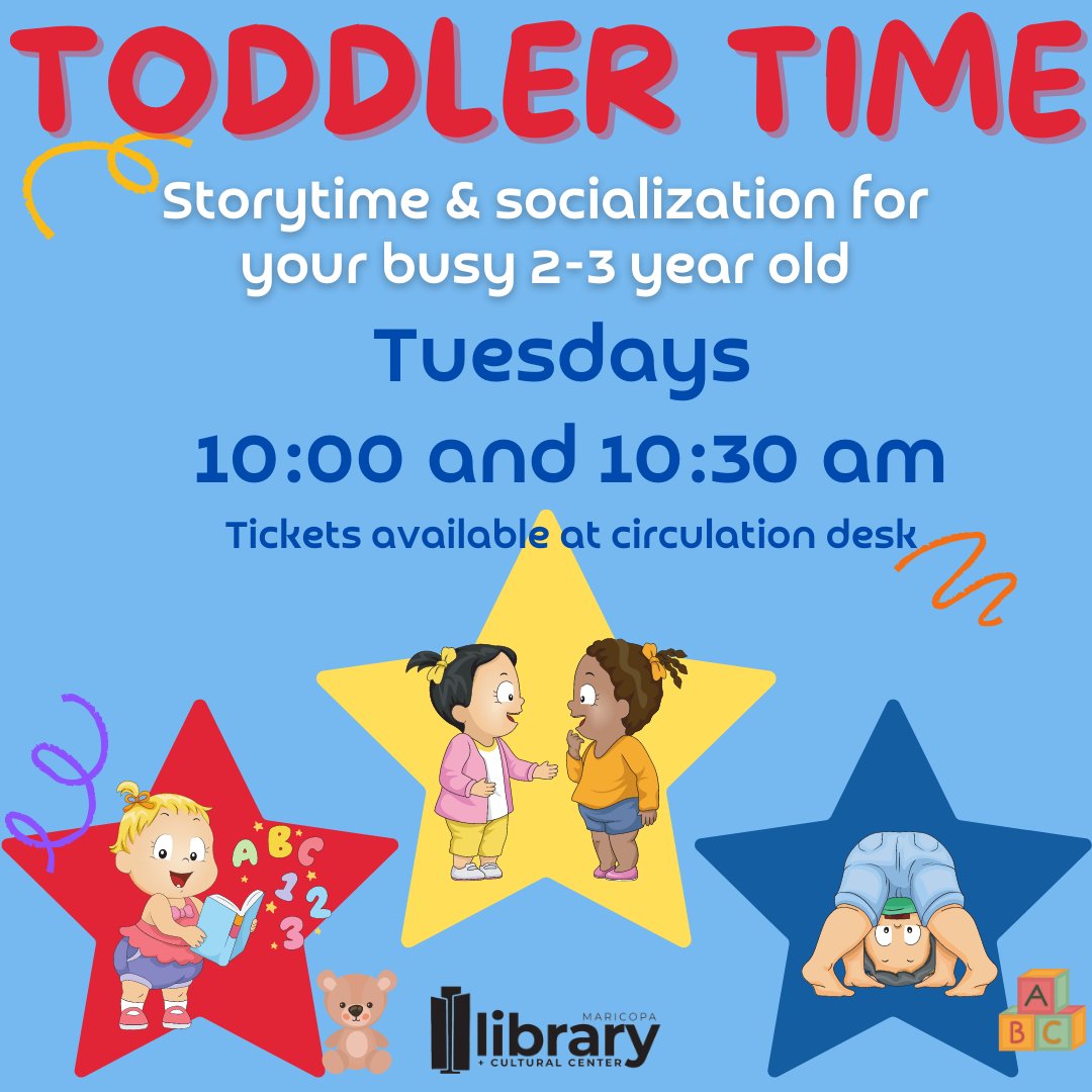 Toddler Time is @ 10 & 10:30 on Tuesdays for 2-3 year olds & their caregivers. Space is limited for safety, so please be sure to get a ticket @ the circ desk to secure your spot. Join Adult Writer's Group in Pine @ 10 to discuss the finer points of the writing life. #mlcc