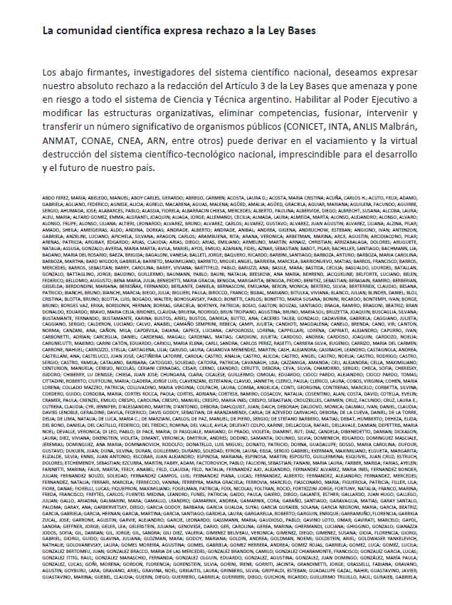 etchemen's tweet photo. La Ley Bases del gobierno de Milei es muy mala toda. El art. 3 permite la destrucción del CONICET y del sistema científico-tecnológico.

Acá mas de 1000 investigadores de ciencias duras y sociales rechazan el art 3.

No dejemos en manos de un presidente anti-ciencia el futuro. https://t.co/l4RBsaCjfY