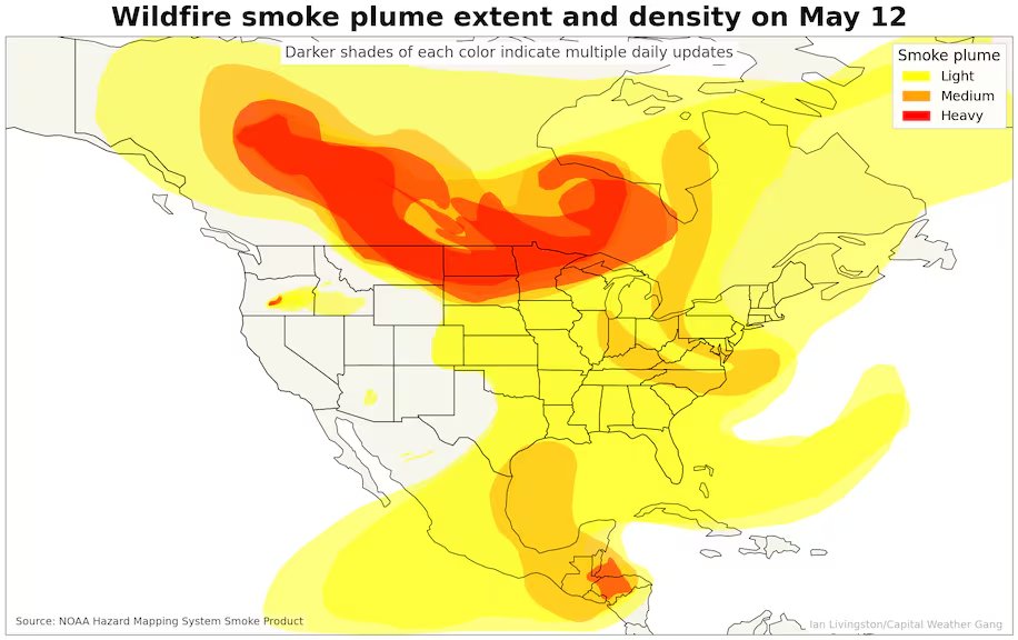 Crazy -- and not in a good way -- wildfires in Canada have erupted (fueled by warm, very dry conditions) -- just like they did at this time last year, and sending smoke into the Upper Midwest, where air quality is tanking. 1/4
