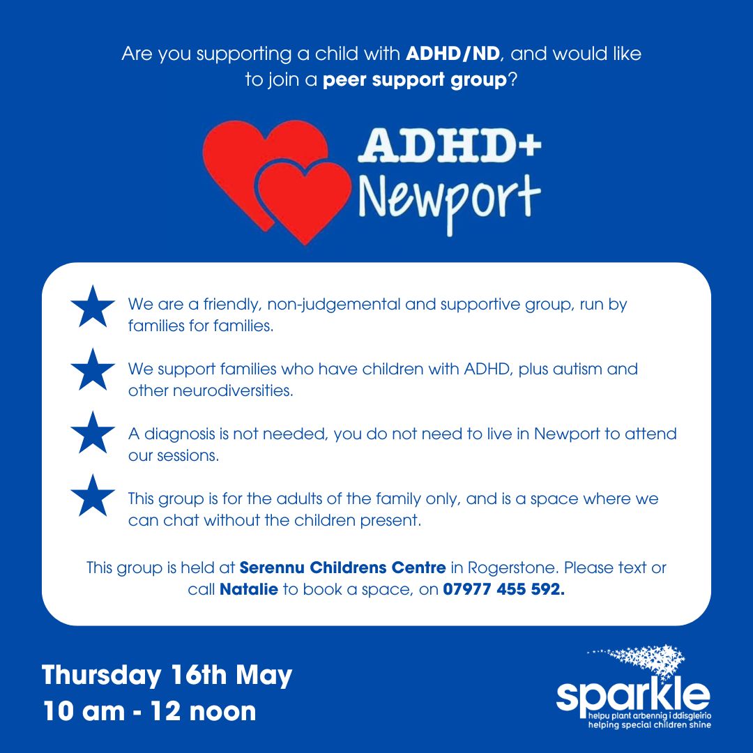 The third Thursday ADHD+ support group takes place this Thursday 16 May at Serennu Children's Centre, 10 am - 12 noon. 
If you would like to attend, please get in touch with Natalie: 07977 455 592 📞💜

#SupportGroup #ADHDGroup #Neurodiversity #PDHDCommunity #ParentingSupport