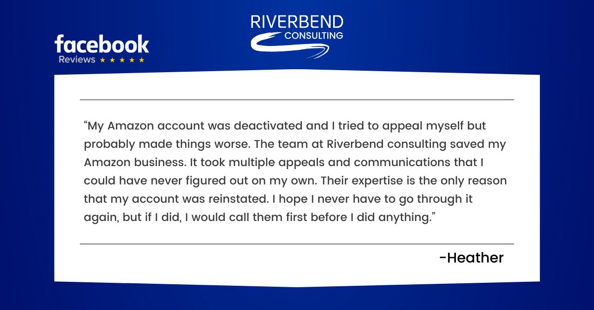 Amazon makes it hard to figure out. An Amazon appeal is not just answering their questions and attaching documents. We're always glad to help. 🙇

#riverbendconsulting #customerfeedback #amazonsellers #teamofexperts #fivestarreview #contactus #amazonsolved #accountreinstatement