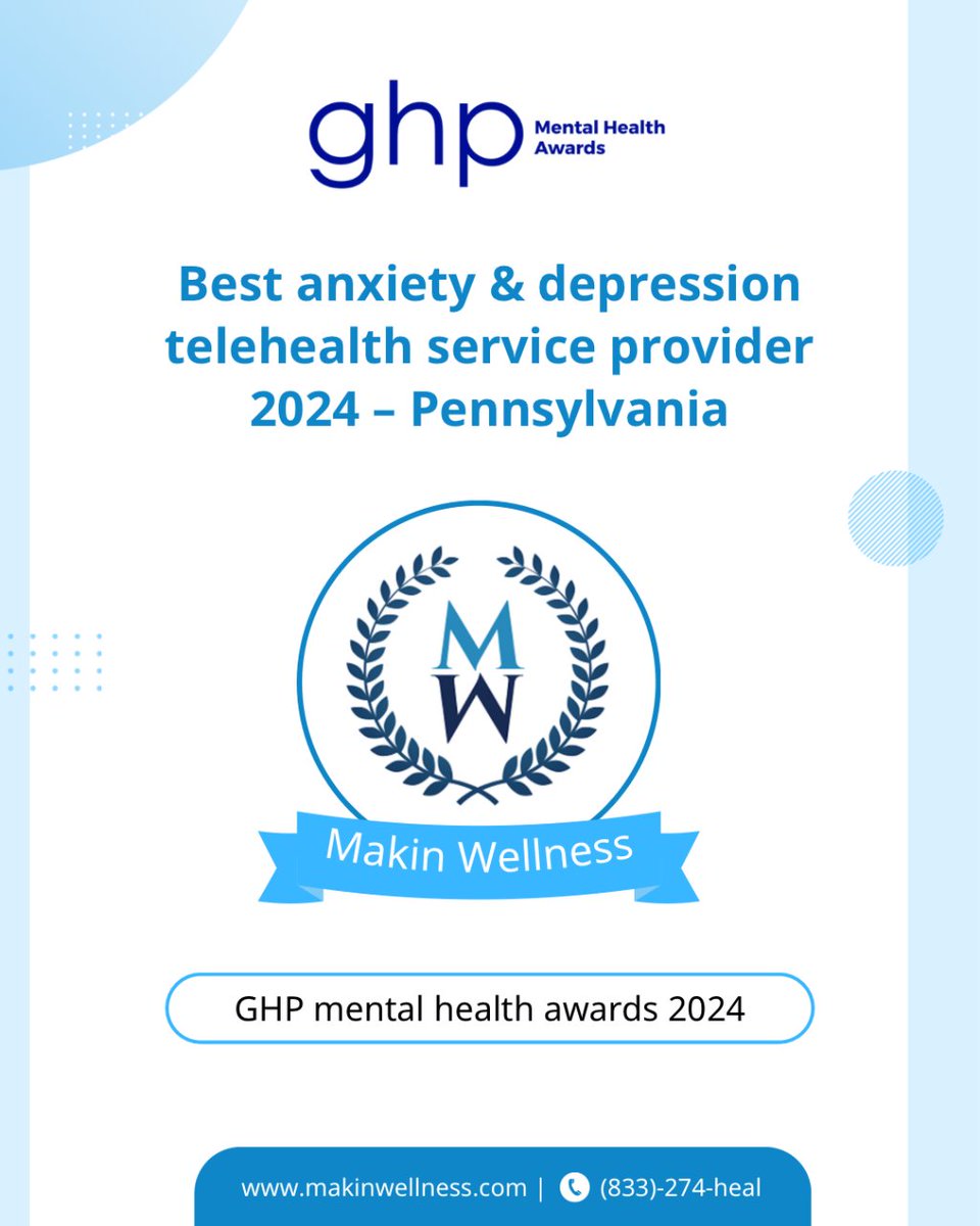We are thrilled to announce that Makin Wellness has been awarded the prestigious GHP Mental Health Award for Best Anxiety & Depression Telehealth Service Provider of 2024 in Pennsylvania! 🎉

Click the link to learn more👇

ghp-news.com/winners/makin-…

#onlinetherapy #psychologytoday