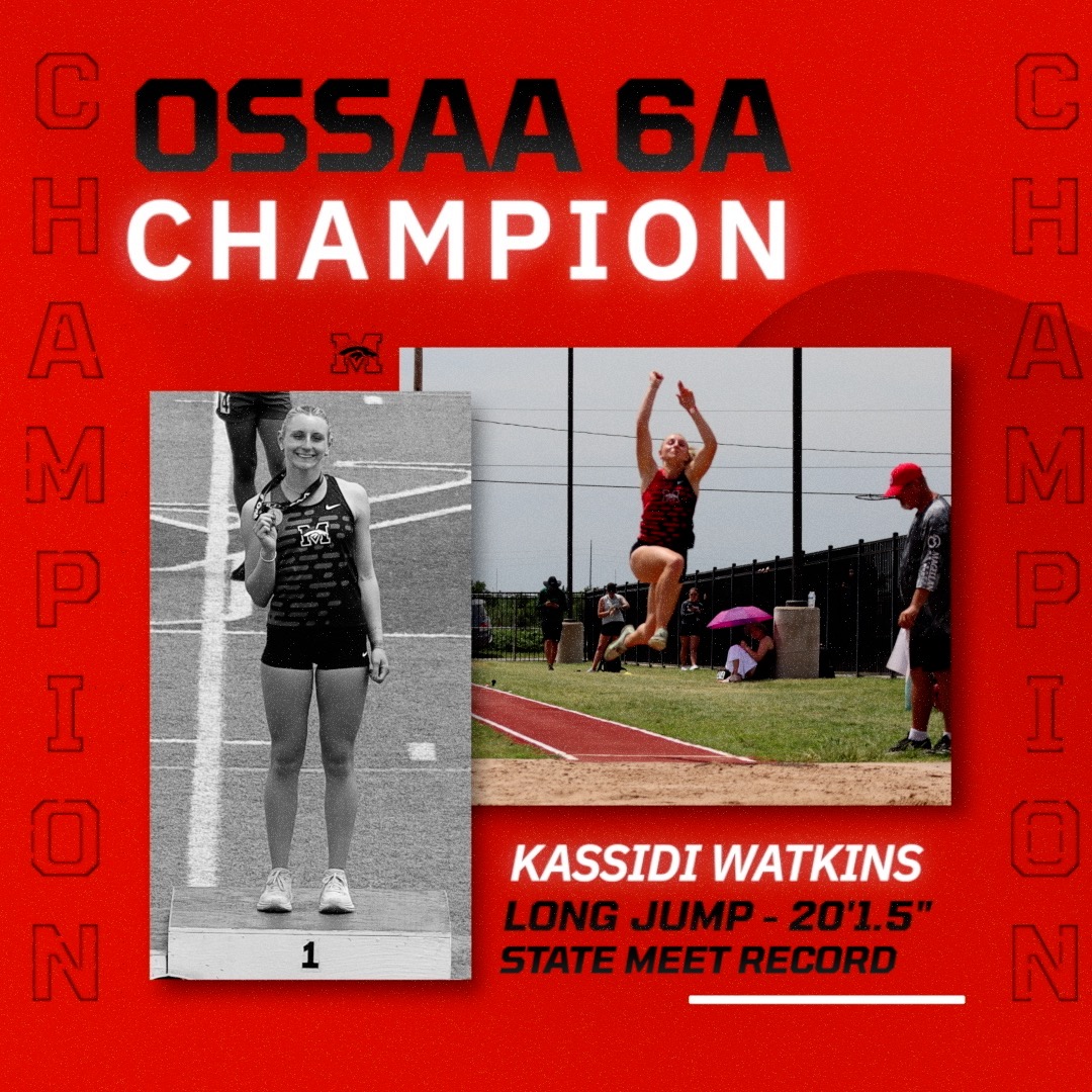 With a jump of 20'1.5', Kassidi Waktins is your OSSAA 6A LONG JUMP CHAMPION! This is a new STATE MEET RECORD. The previous record was 19'8.25' since 2009 by Constance Ezugha. #BroncosTF