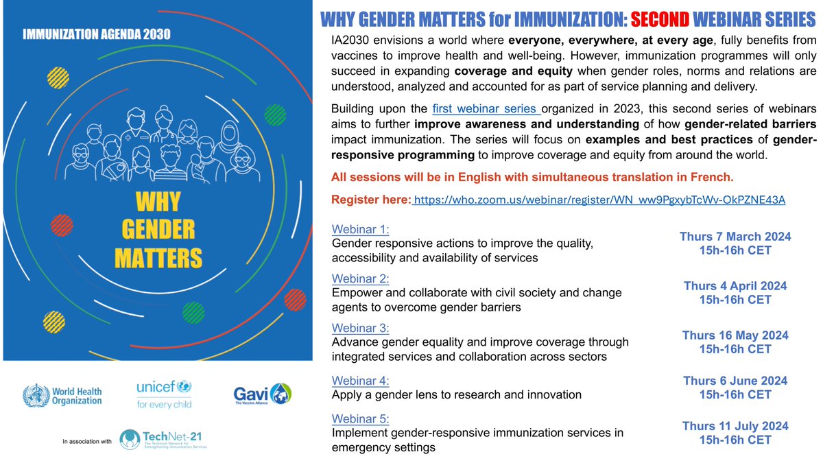 Next webinar session in the series on Why Gender Matters for Immunization: IA2030 Session 3: Advance gender equality and improve coverage through integrated services and collaboration across sectors 📅Thu 16 May 2024 Register here: who.zoom.us/webinar/regist…