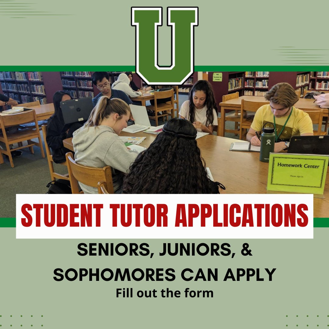 Application Deadline Extended!!!
The UHS Homework Center seeks Seniors, Juniors, and Sophomores to provide homework help and tutoring. This is a paid position that looks good on college applications!

Screening Applications are now due by May 17th, 2024.

forms.gle/2pY6yAJdC5qnku…