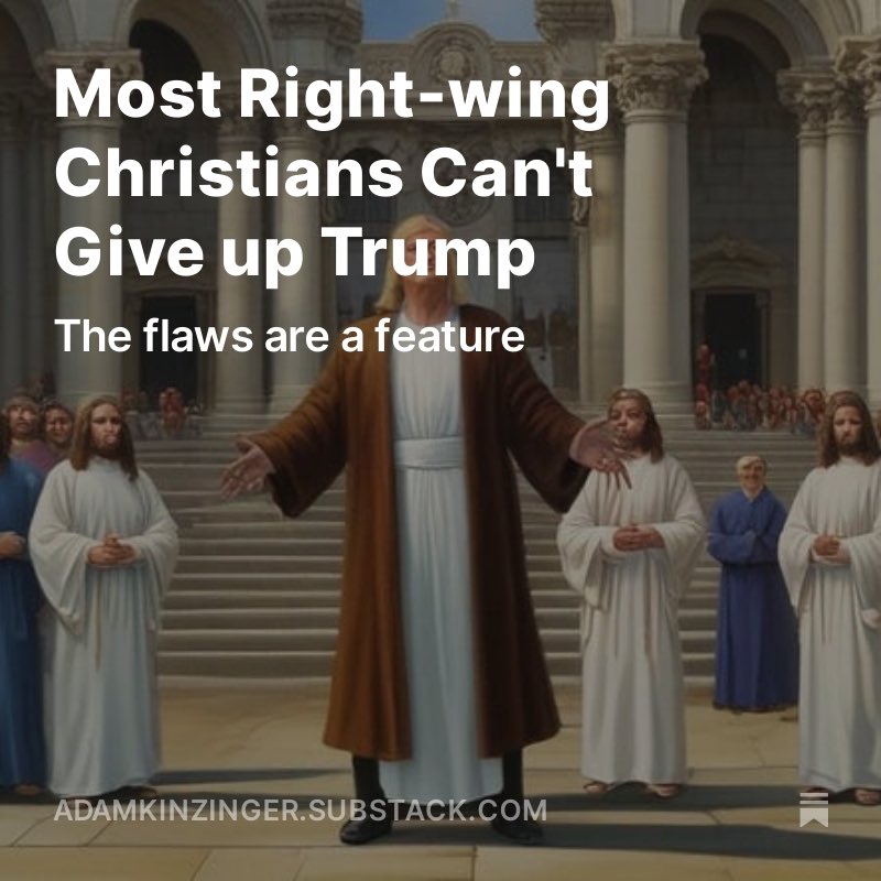 Donald Trump is the worst example for Christians of any president, yet he’s their man. Why? Hint: the David story was actually about REPENTANCE, not the adultery. My latest: adamkinzinger.substack.com/p/most-right-w…