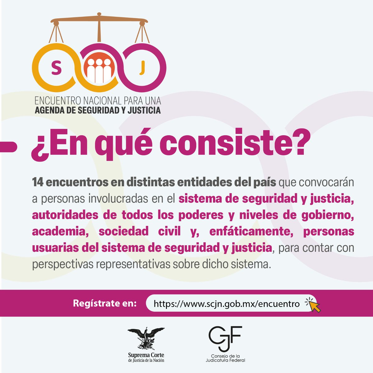 El #EncuentroNacionalSeguridadyJusticia es un ejercicio de consulta y escucha sobre seguridad y justicia en el país 🇲🇽

Conoce de qué se trata👉🏽 scjn.gob.mx/encuentro

#SomosPJF #PJF_Escucha