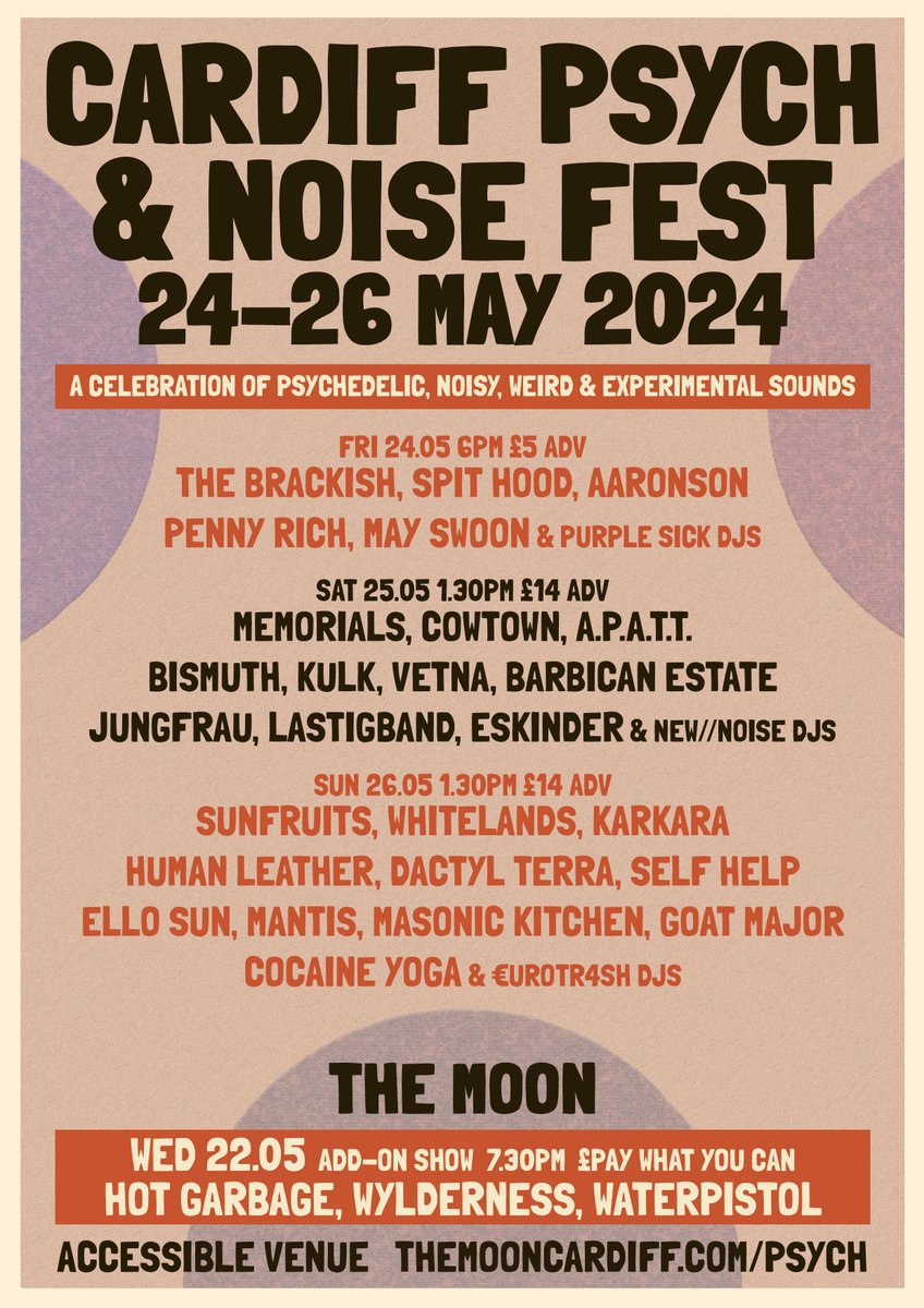 CARDIFF PSYCH & NOISE FEST 1-day tickets are on sale & we've announced who is playing each day! 🚨Our annual poster-sharing competition is over on Facebook & IG with TWO chances to win a pair of weekend tickets Day tickets £5-14 adv + bonus show 22 May is pay what you can : )