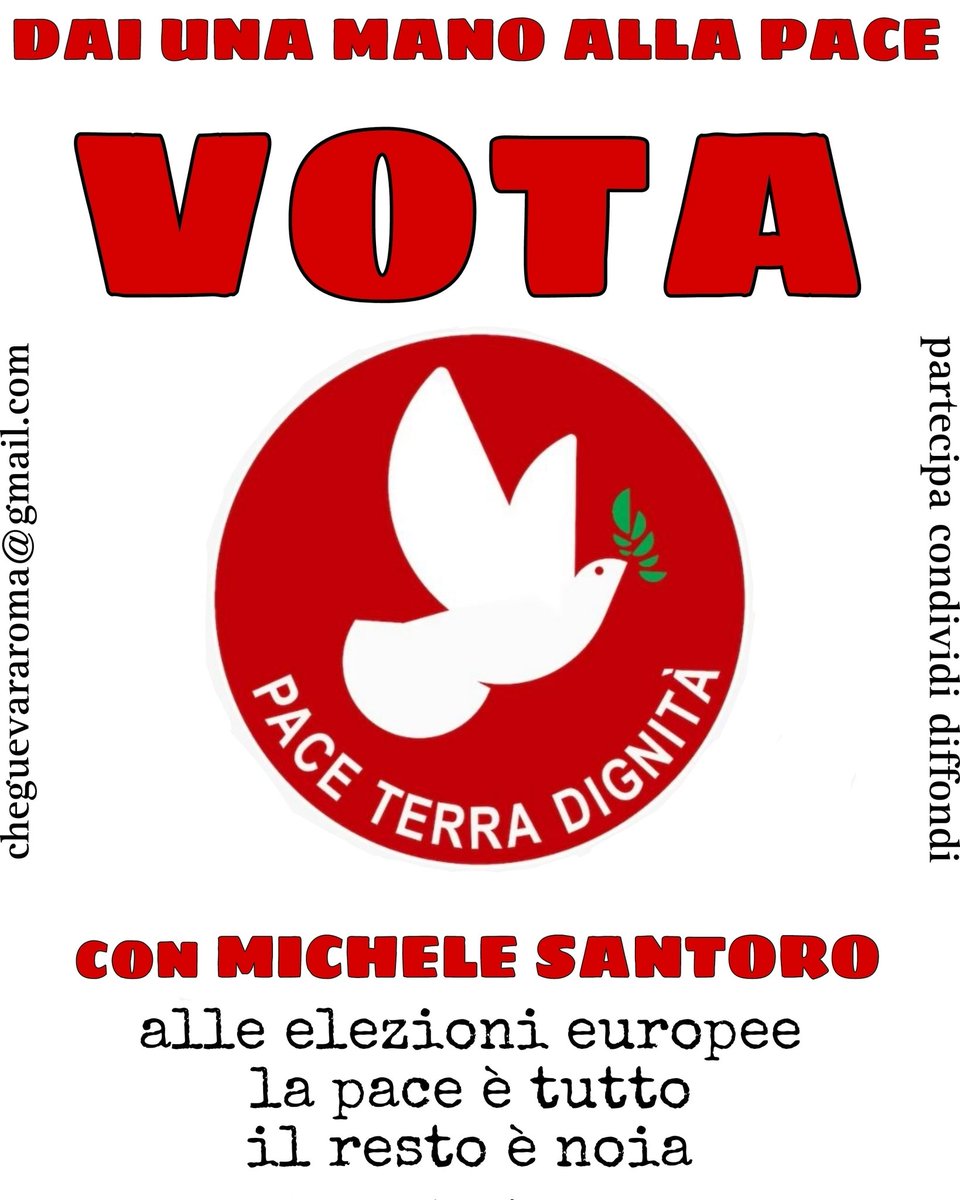 DAI UNA MANO ALLA PACE
VOTA PACE TERRA DIGNITÀ 
con MICHELE SANTORO 
alle elezioni europee 
la pace è tutto 
il resto è noia 
(condividi e diffondi)
#paceterradignità #europee