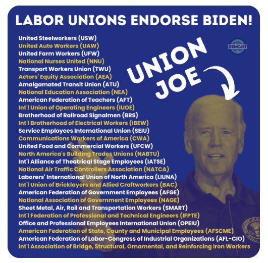 #DemVoice1 #wtpBLUE #DemsUnited #wtpGOTV24 

Have you seen how many labor unions have endorsed President Biden?  Wow!  So many!

Today Mercedes workers in Alabama begin their union vote.

#FightForAUnion #UnionJoe