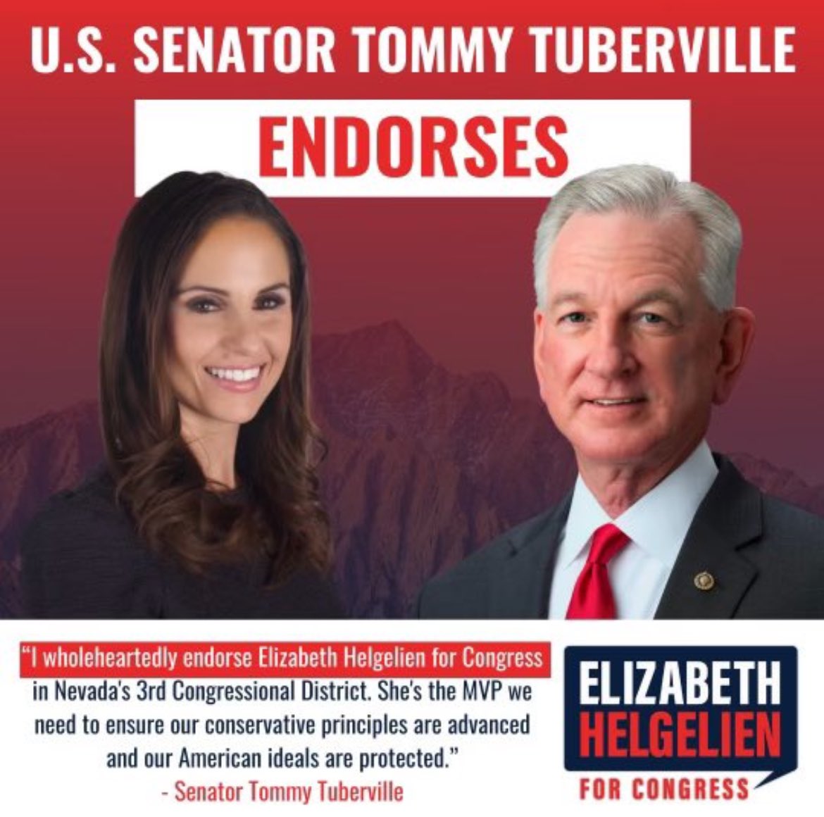 I’m honored to be endorsed by U.S. Senator Tommy Tuberville! Thank you for your leadership Senator! Vote Elizabeth Helgelien for Congress on June 11! Early voting starts May 25th • Nevada ElizabethForNevada.com @TTuberville @realDonaldTrump #nv03 #Tuberville #Nevada
