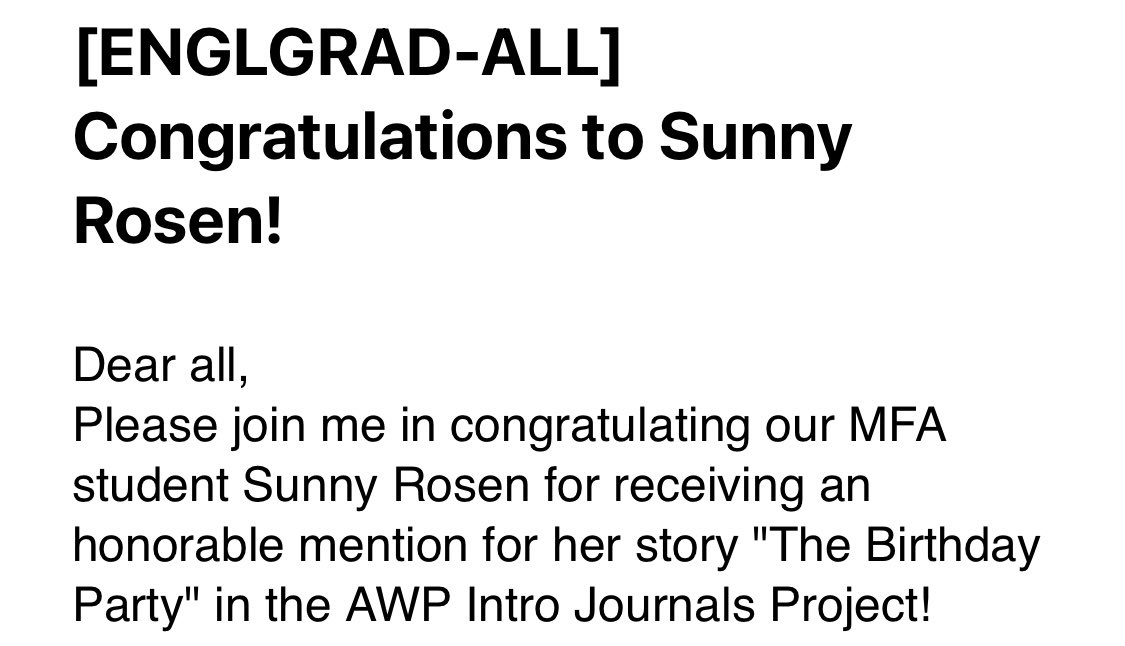 I’m honored that my strange story about teaching, infantilization, and a sinister box of donuts has received an honorable mention from the @awpwriter Intro Journals Project! So much wonderful work goes to this contest, so this means a lot.