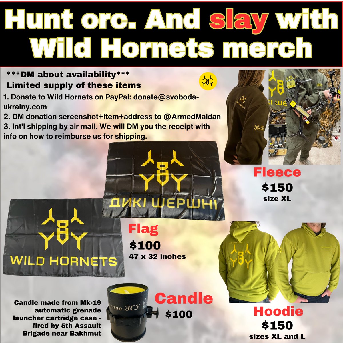 @wilendhornets HELP HUNT THE ORC+SLAY WITH WILD HORNETS MERCH😎 Donate for @wilendhornets FPV drones urgently needed at Kharkiv... and get a Wild Hornet gift👇 *Ltd supplies. DM for availability* 👉PayPal: donate@svoboda-ukrainy.com 👉DM screenshot+item+address to @ArmedMaidan Every $1 and…