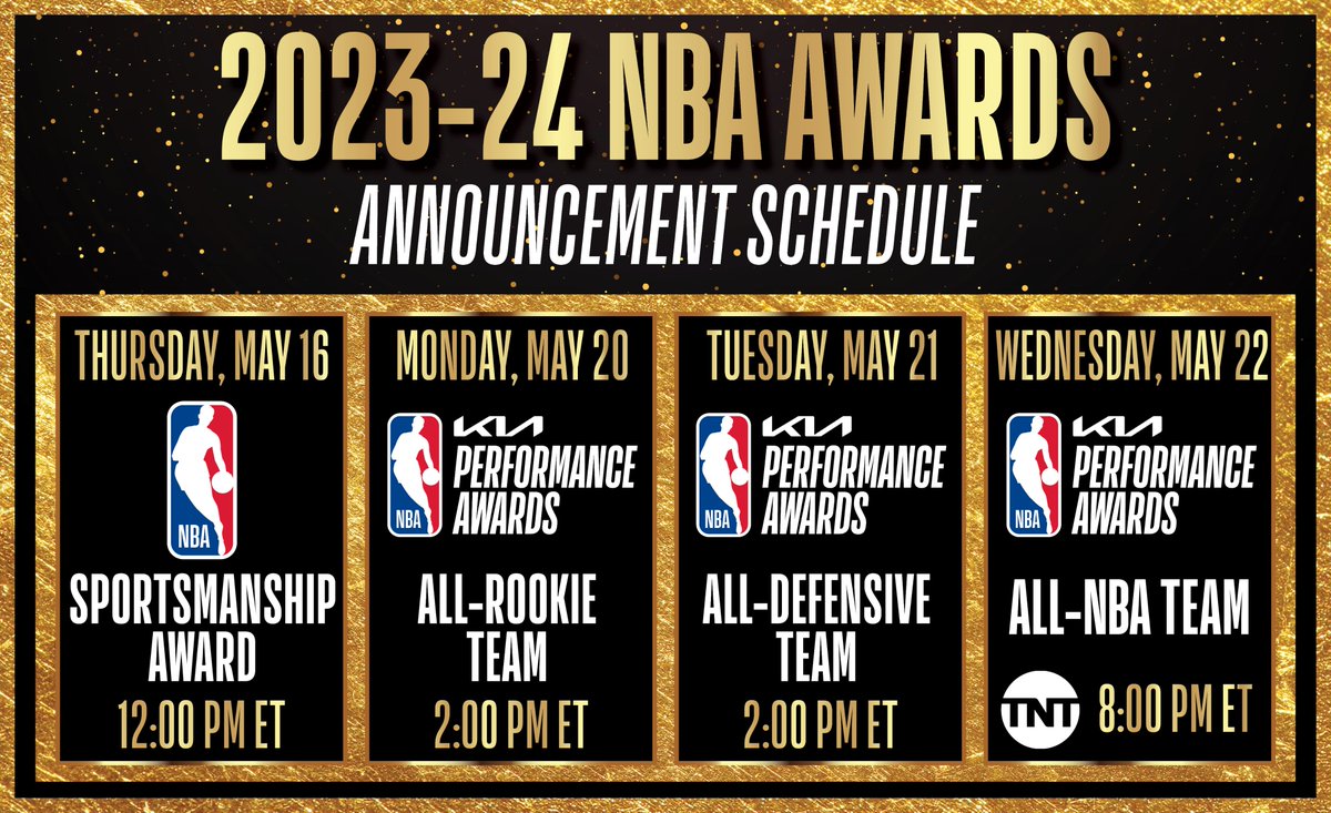 The 2023-24 NBA Sportsmanship Award will be announced this Thursday, May 16. The 2023-24 All-Rookie, All-Defensive and All-NBA teams will be announced next week. Schedule ⬇️