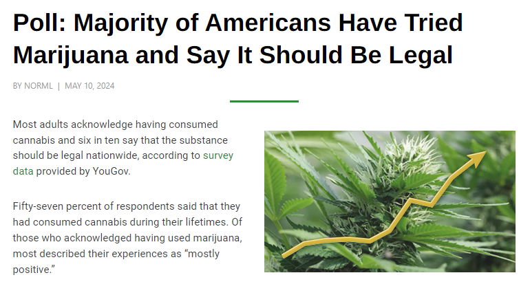 Most people have tried it, most people want it legalized.

norml.org/blog/2024/05/1…