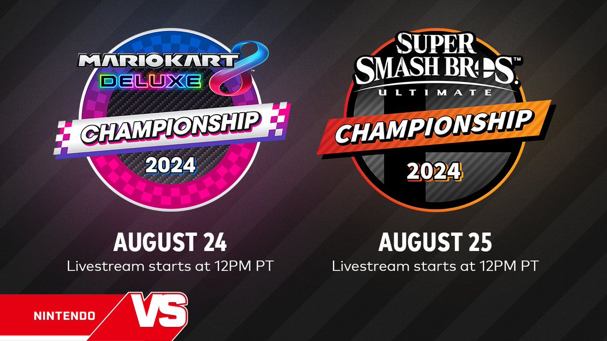 Ready up! Two championships are just around the corner!
The #MarioKart 8 Deluxe Championship 2024 tournament will be held on 8/24 & the #SuperSmashBros Ultimate Championship 2024 tournament on 8/25.

Compete in the qualifiers for a shot at an invite!
Info: ninten.do/6012YnyvY