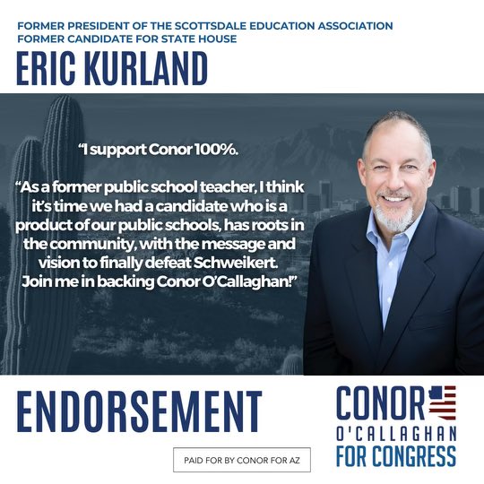 ConorForAZ's tweet photo. I am so grateful to have the support of @kurland23 - as a former public school teacher and a former candidate himself, Eric knows effective grassroots organization as well as anyone. He will be a tremendous asset to our team as we look to finally flip this seat in November! 💪🏻💙 https://t.co/lOBmZpf8Au