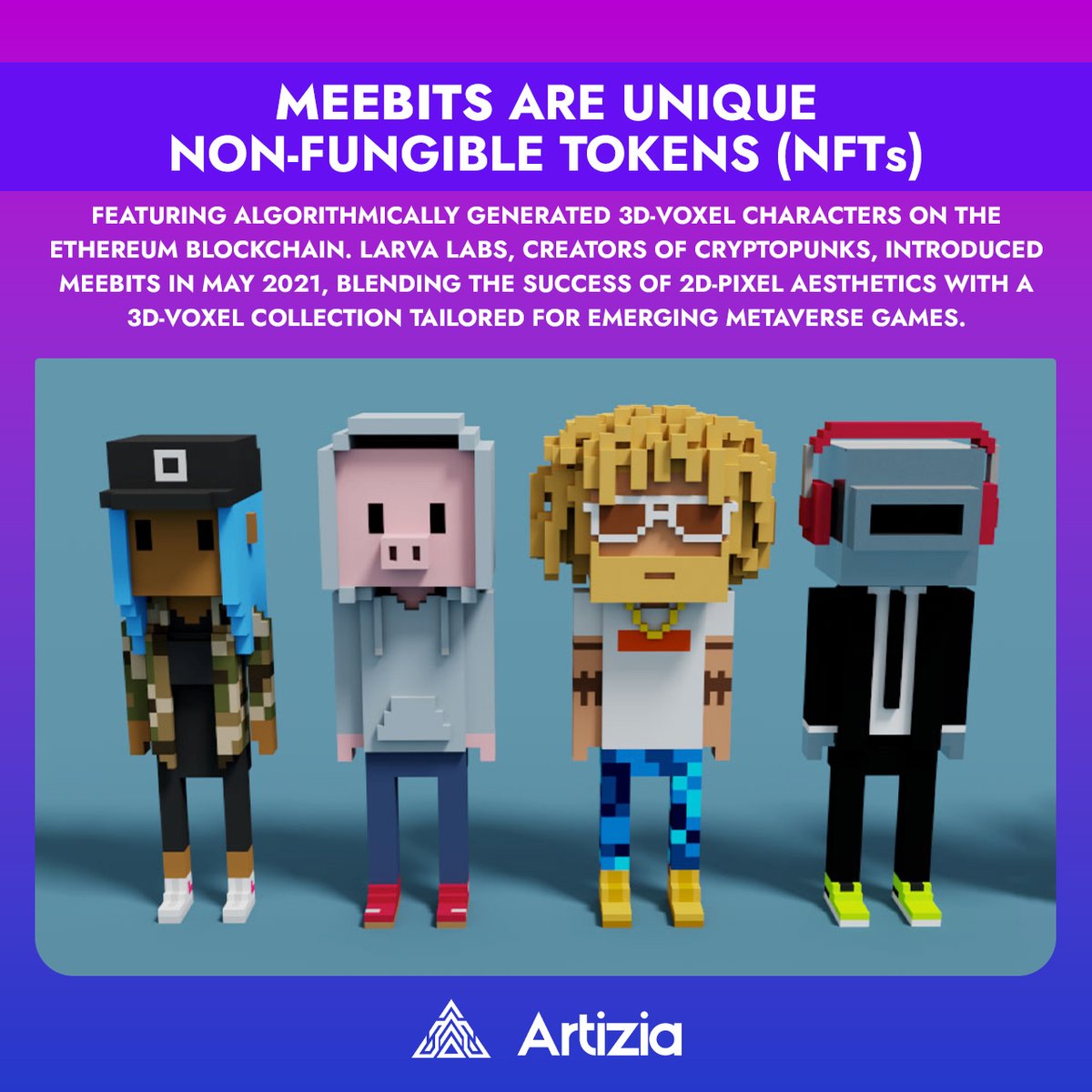 Meet the Meebits! 👾🔷 From the creators of CryptoPunks, these voxel NFTs are shaping the Metaverse. Get your pixel piece of the future! 🌐✨
.
.
.
#NFTs #Metaverse #3DArt #CryptoPunks #Meebits #Blockchain #InnovativeArt #NFTCollectors #VirtualWorlds #GameFi #Gaming #LarvaLabs