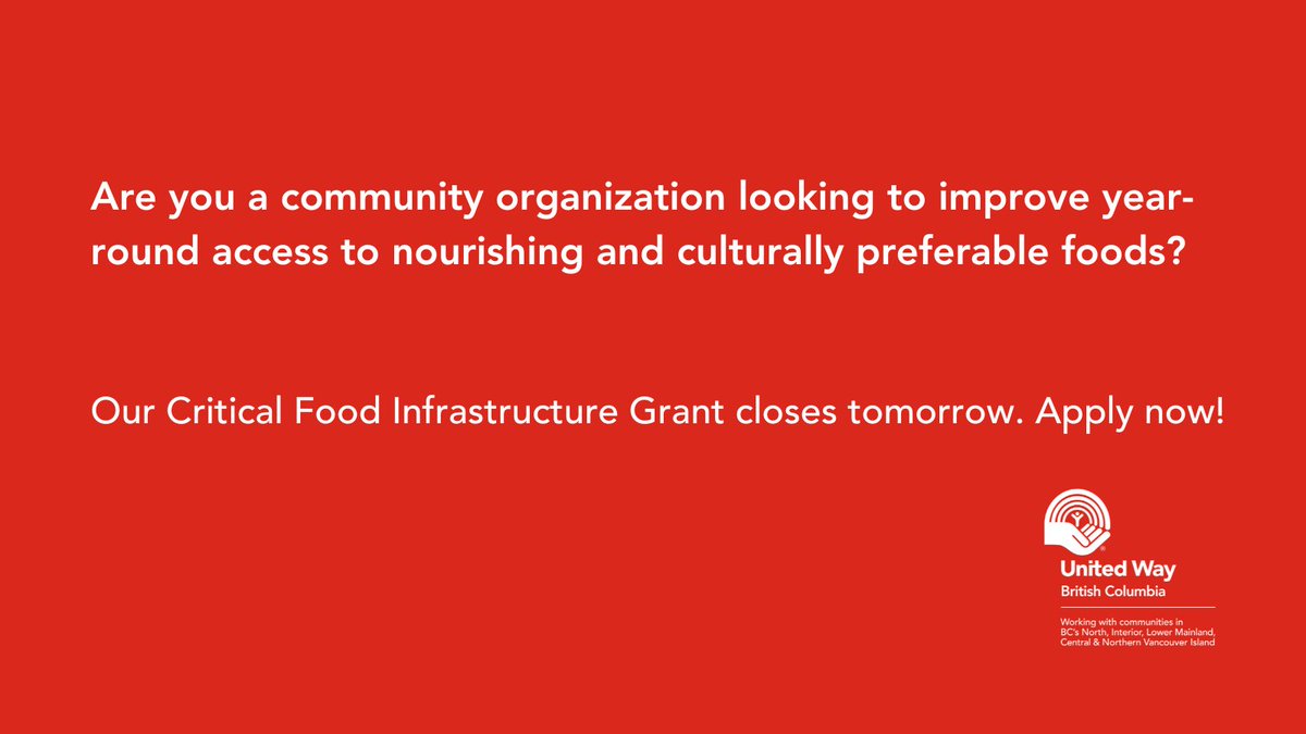 Our Critical Food Infrastructure Grant closes tomorrow, May 14, at 12 PM PDT. This @UnitedWay_BC grant supports community-led food infrastructure projects aimed at overcoming barriers limiting food access. Apply now: insert link