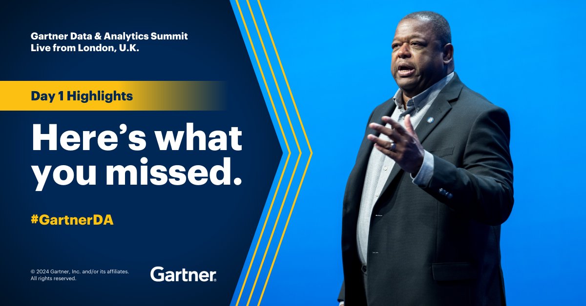That’s a wrap for Day 1 of #GartnerDA in London. Highlights from the day include:
✅ This year's opening keynote
✅ 2024 D&A predictions 
✅ #GenAI, #data and analytics 

Learn more on the Gartner Newsroom: gtnr.it/3VSRA0V