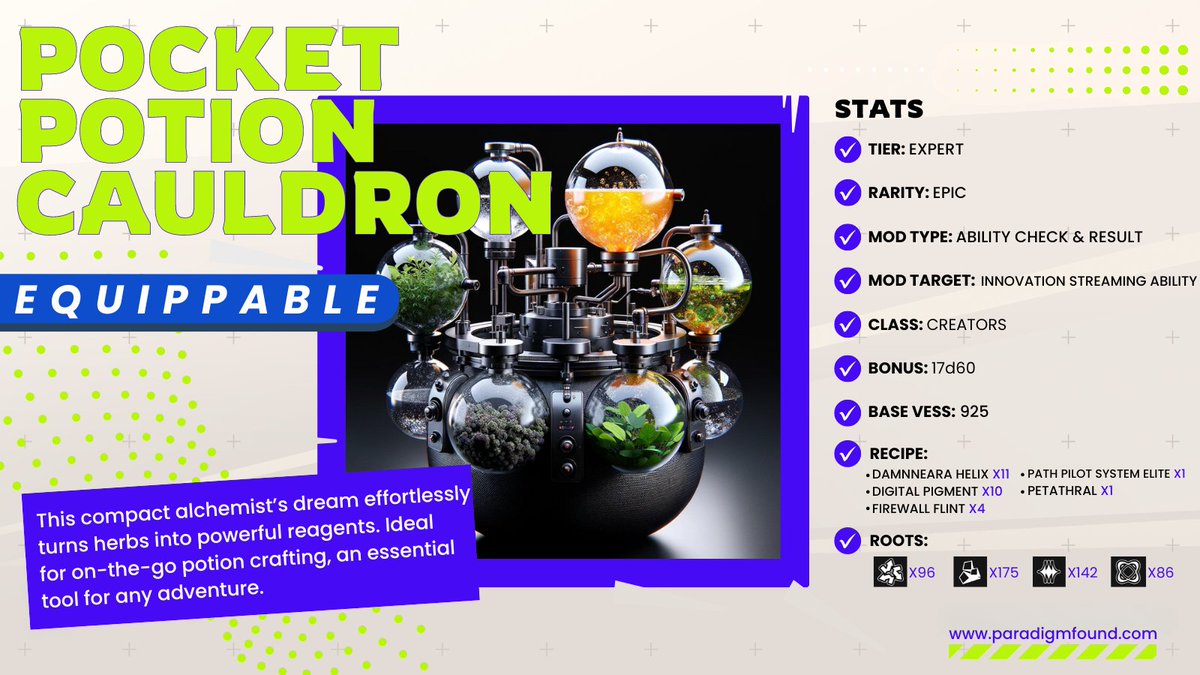 This ain't your mama's Equippable. The Pocket Potion Cauldron is currently one of the most powerful Equippables in Paradigm Found, boosting abilities in Missions & PvP 🧪 But.. it's not craftable & only found in loot! See if you can score one at paradigmfound.com 🎯