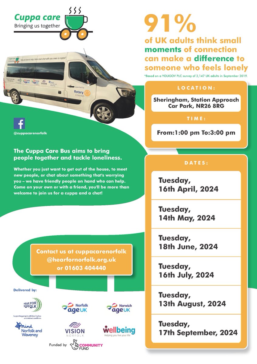The Cuppa Care bus will be visiting #NorthWalsham & #Sheringham on Tues 14th May 

Vicarage Street Car Park: 10am to noon

Station Approach Car Park: 1pm to 3pm

hearfornorfolk.org.uk/cuppa-care/

#cuppacare #health #wellbeing #norfolk