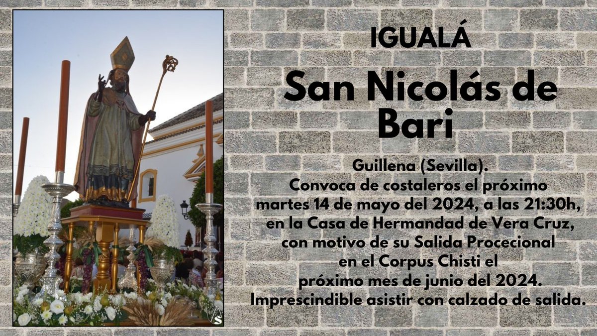 🗓 Martes 14 de mayo del 2024. 📍 Guillena (Sevilla). ⏰ 21:30h. Igualá de Costaleros de San Nicolás de Bari de @HVCruzGuillena, con motivo de su participación en el cortejo Procecional del Corpus Christi el próximo mes de junio del 2024.