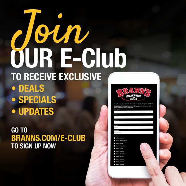 Want a front-row seat to the latest deals, specials, and updates from Brann's? Say no more! Join our E-club and become part of our cherished Brann's family. Sign up today: bit.ly/3zOtLsA. #EatAtBranns #EClub #Updates #Tips #SizzlingSince1960