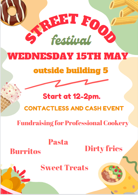 🌮 Street Food Festival Professional Cookery students are hosting a Street Food Festival this Wednesday, with a whole load of bites to choose from, including pasta, burritos, sweet treats, and more! 📅 Wednesday, May 15 📍 Livingston Campus, outside Building 5 ⏰ 12pm - 2pm