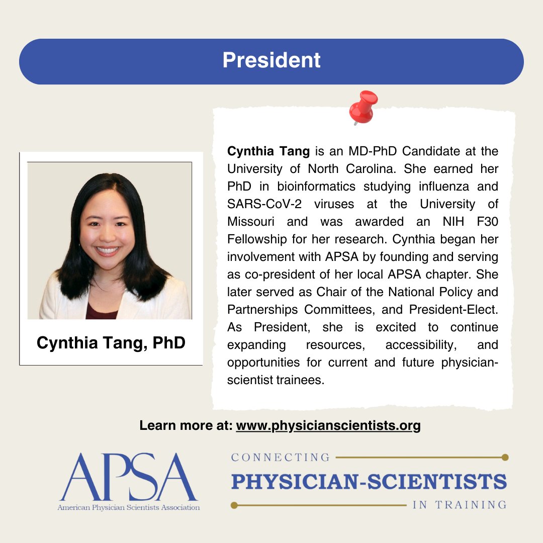 APSA (@a_p_s_a) on Twitter photo Introducing <a href="/_CynthiaTang/">Cynthia Tang, PhD</a>, APSA President! Cynthia chairs the Executive Council, serves on the APSA Board of Directors, and leads initiatives to expand resources, opportunities, and accessibility for physician-scientist trainees. @uncmdphd @mizzou_mdphd #PhysicianScientists Introducing <a href="/_CynthiaTang/">Cynthia Tang, PhD</a>, APSA President! Cynthia chairs the Executive Council, serves on the APSA Board of Directors, and leads initiatives to expand resources, opportunities, and accessibility for physician-scientist trainees. @uncmdphd @mizzou_mdphd #PhysicianScientists