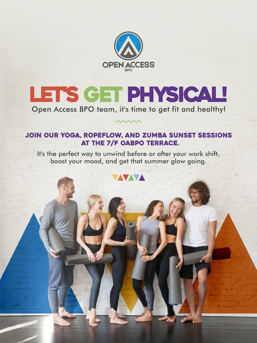 New Open Access BPO fitness program alert!

Unwind & recharge with yoga, rope flow, or high-energy Zumba.
All sessions on the stunning 7/F terrace at sunset.

Check out internal comms to sign up for this unique experience! 

#WeSpeakYourLanguage
#OneForHealth #IdeaHubOABPO