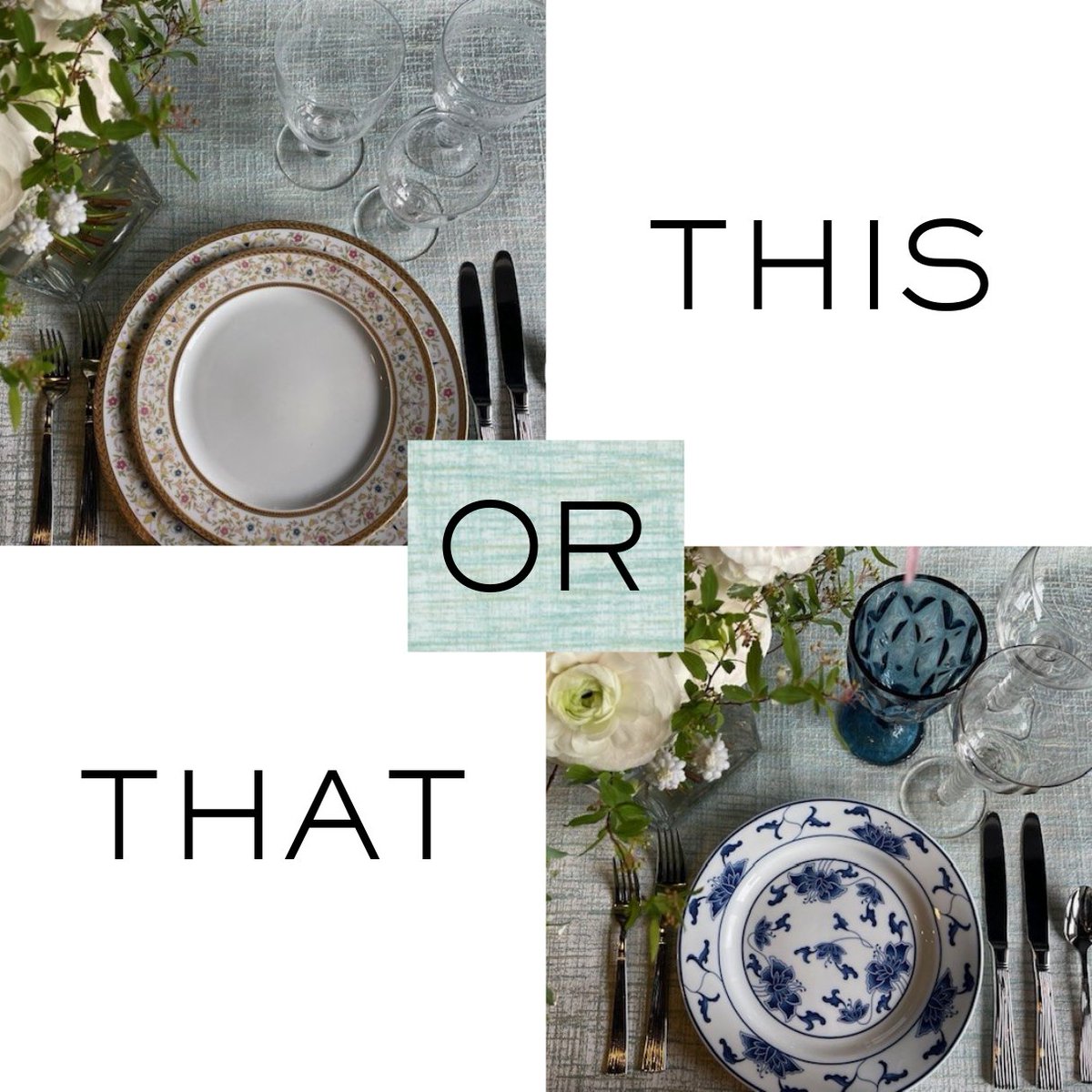 This or that featuring our Siterra Sea Glass Linen! 
Choose a plating from these three face-offs in our story polls or comments below ⬇️ 
.⁠

#DCR_EventRentals #PartyRentals #PrivateEvents #EventRentals #DCEvents #EventStyling #WashingtonDC #DCrentals #weddingrentals