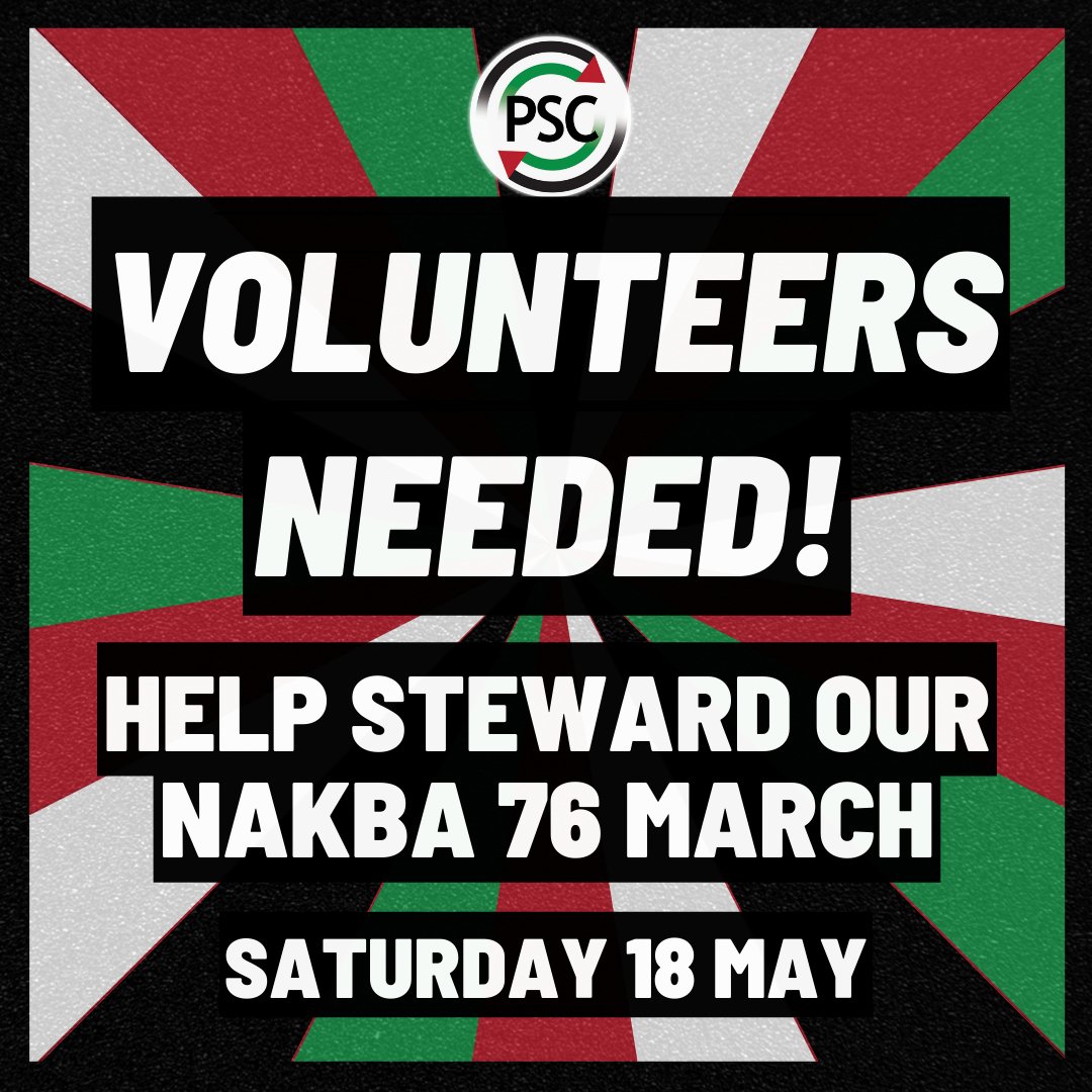 🚨 HELP STEWARD OUR NATIONAL MARCH THIS SATURDAY - 18 May

We need volunteers to help steward the Nakba 76 March for Palestine on Saturday 18 May. 

FILL OUT THE FORM TO SIGN UP: palestinecampaign.org/stewarding-sig…