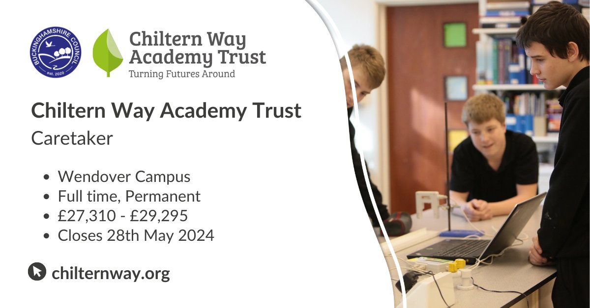 Chiltern Way Academy Trust are looking for a Caretaker to join their Wendover campus. If you are experienced in caretaking, cleaning and maintenance and are interested in this fantastic opportunity, apply here:
ow.ly/PL2350RE9z0

#Caretaker #JobsinSchools #SchoolCaretaker