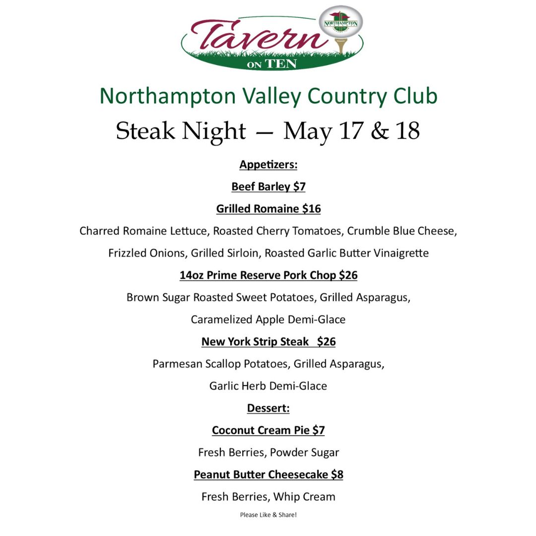 NorthamptonVCC's tweet photo. The Grill is HOT! Its Steak Night at The Northampton Valley Country Club Tavern on Ten on May 17 &amp; 18. https://t.co/v9TTNZDdql https://t.co/6woql1LzMZ