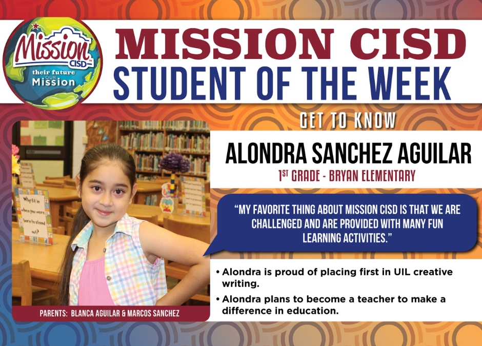 Meet our Elementary Student of the Week! 🌟 Alondra Sanchez Aguilar, 1st Grade from Bryan Elementary