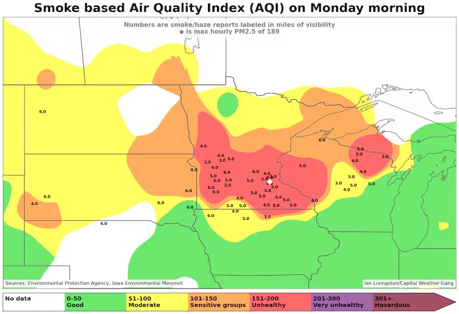 Code red air quality -- signifying unhealthy levels of smoke pollution -- in Minnesota and Wisconsin this morning. Parts of southwest Canada have seen Code Purple air quality-- the worst level. 2/4