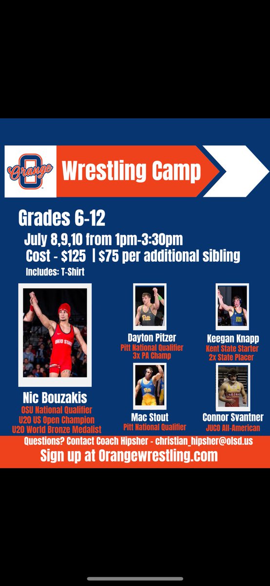 Pioneer Wrestling (@orangewrestling) on Twitter photo Flyers for camp this summer. Sign up on orangewrestling.com
<a href="/InsideThe360/">InsideTheCircle</a> <a href="/OhioMatMedia/">OhioMatMedia</a> Flyers for camp this summer. Sign up on orangewrestling.com
<a href="/InsideThe360/">InsideTheCircle</a> <a href="/OhioMatMedia/">OhioMatMedia</a>