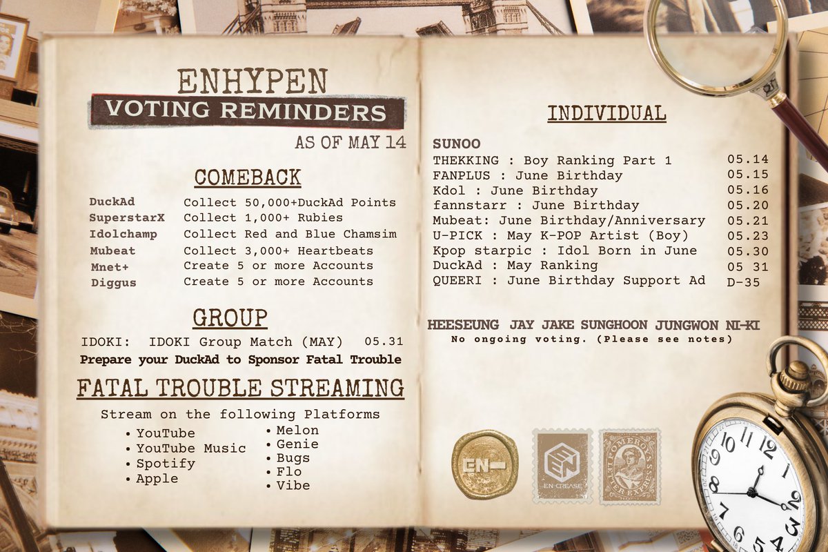 Hello, ENGENEs! 🕵‍♀️🕵‍♂️ Check out our reminders for today 👌 📍 Fatal Trouble Streaming on all Platforms 📍On-going Birthday Voting for #SUNOO 📍IDOKI Group Match Kindly check the ✍️🏻 and 🔗 below. 👇 #ENGENE #ENCREASE #REMINDER #MEMORABILIA #FatalTrouble #ENHYPEN_COMEBACK