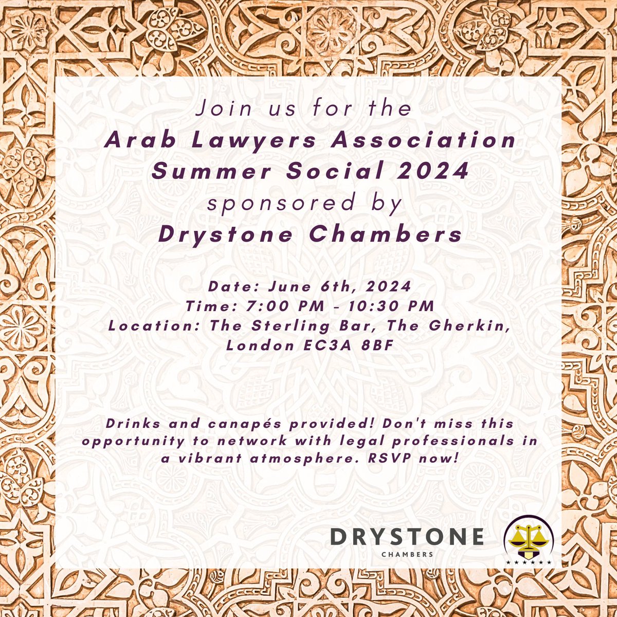 Drystone Chambers is delighted to sponsor the Arab Lawyers Association's summer #networking event on Thursday 6th June at the Sterling Bar in the iconic #Gherkin building. We look forward to a great evening ahead! <a href="/ArabLawyersUK/">Arab Lawyers Association</a> #ProfessionalDevelopment #socialopportunities
