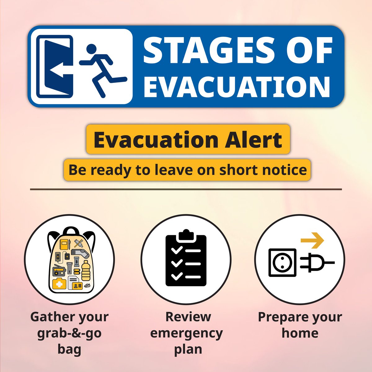 Know what to do in case of a #BCwildfire Evacuation Alert or Order: Alert: be ready to leave on short notice. Have your grab-&-go bags ready & connect w/ loved ones ✅ Order: leave the area immediately w/ your grab-&-go bag✅ Rescind: the threat to life & safety has passed ✅