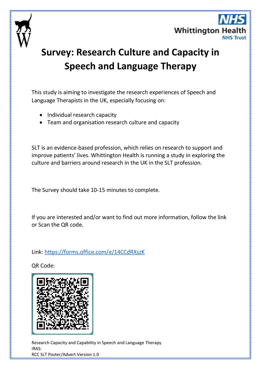 SURVEY: Research Culture and Capacity in Speech and Language Therapy: forms.office.com/e/14CCdRXszK
