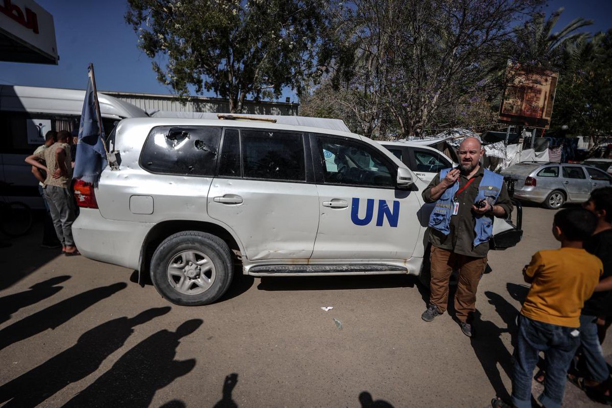 Damaged UN vehicle in front of a hospital as a (UN) employee was killed in an attack on a vehicle in the Gaza Strip, according to Israeli media, in Gaza on May 13, 2024. It is not yet known who carried out the attack on the vehicle. (Photo by Ali Jadallah/Anadolu via Getty